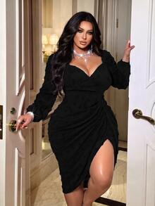Maweii Plus Size Women's Pleated Side Slit Hem Jacquard Elegant Dress - Black - View 1