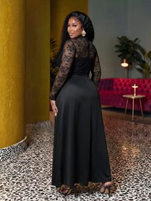 Slaydiva Plus Size Formal Gown, Black Lace Mesh Long Sleeve High Neck Split Satin Maxi Dress - Black - View 3