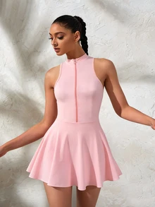 Dewbera Dewbera Solid Pink Stand Collar Full Front Zipper Sleeveless Cinched Waist A-Line Skirt Conservative Flattering Sportswear - Pink - View 3