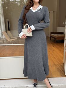 Feyla New Contrast Color Patchwork V-Neck Polo Collar Sporty Casual Preppy Short Sleeve Dress - Grey - View 4