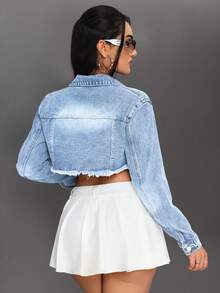 Jeanoix Plus Size Women's Cropped Fashion Casual Washed Distressed Denim Jacket - Light Wash - View 2