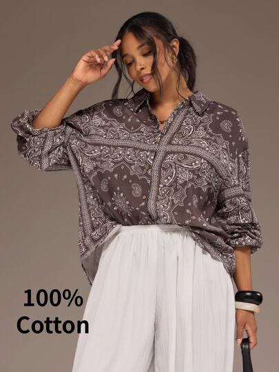 Freevana Camisa holgada de manga larga con estampado paisley marrón para mujer talla grande, top corto por delante y largo por detrás, elegante casual para uso diario, vacaciones, primavera verano otoño