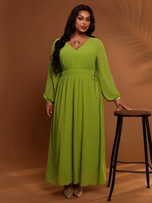 BrightlyHer Plus Size Solid Mint Green V-Neck Long Sleeve Pleated Drawstring Casual Elegant Party Brunch Formal Dress Autumn 2026 - Green - View 6