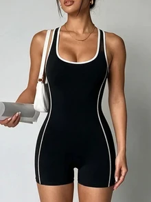 SHEIN Dewbera Women's Contrast Trim Backless Sleeveless Fitted Outdoor Sports Romper - Black - View 3