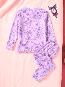HELLO KITTY AND FRIENDS | SHEIN Young Girl Cartoon Print Long Sleeve Top And Pants Loungewear Set - Purple - View 2