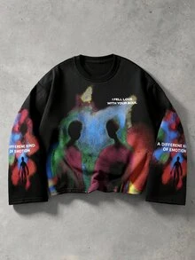 ROMWE MEN Street Life Men's Blurred Portrait Print Long Sleeve T-Shirt - Black - View 1