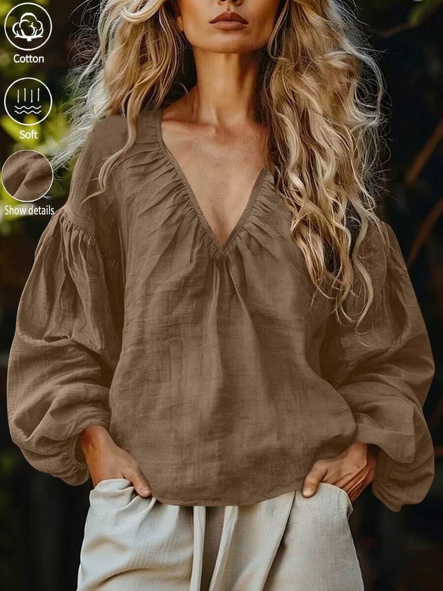 SHEIN PETITE Women's V-Neck Long Sleeve Solid Color Ruched Design Casual Daily Vacation Blouse Shirt - Brown - View 1
