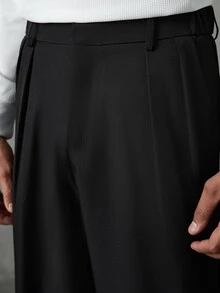SLATEMANN 男士休閒通勤長褲，純色設計，附褶皺與斜口袋，適合正式場合或慶祝活動 - 黑色 - 查看 7