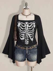 SHEIN ICON 大尺碼女款萬聖節骷髏印花上衣，節日表演服裝 - 彩色 - 查看 1