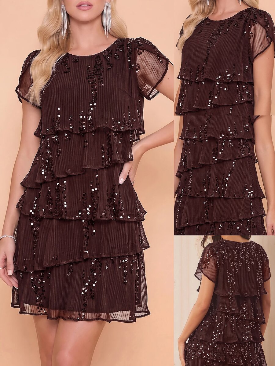 Amorya Đầm ngắn thời trang nữ màu trơn nâu đậm, tay ngắn cánh hoa, đính sequin, bèo nhún nhiều lớp, phong cách thanh lịch gợi cảm cho tiệc cocktail, đi chơi đêm mùa hè - màu nâu - Xem 1