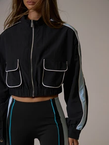Musera Sport Jaket Track Koordinasi Musim Dingin/Musim Gugur Aktif Pilates Gerak dengan Resleting Leher Corong Tinggi, Lengan Bergaris Warna Kontras, Saku Depan, Potongan Pendek, Elastis - Hitam - View 3