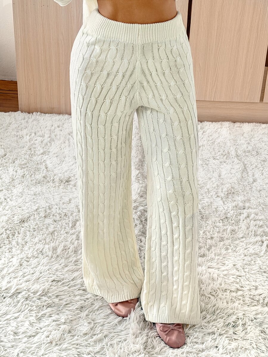 SHEIN EZwear 女款休閒純色針織長褲,秋冬款 - 白色 - 查看 1