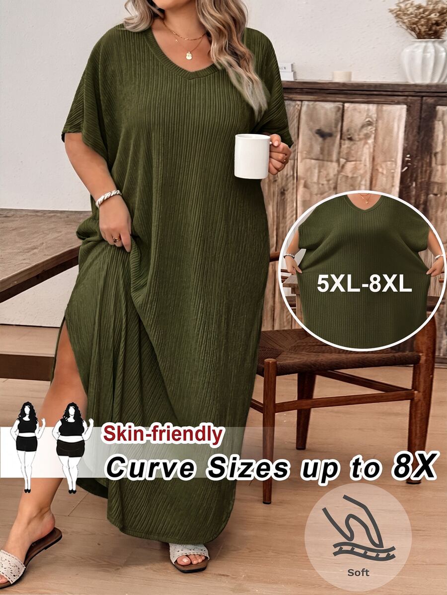 SHEIN CURVE+ 大尺碼女款純色V領蝙蝠袖口袋休閒T恤洋裝，夏季/鄉村風/ - 軍綠色 - 查看 1