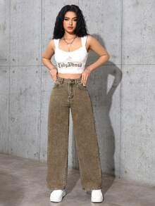 SHEIN ICON Casual Washed Straight Leg Denim Jeans - Brown - View 5