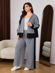 Lacomfia Women's Casual Retro Hooded Colorblock Loose Daily Home Jacket With Versatile Wide Leg Pants Plus Size 2 Pieces Set - Grey - View 4