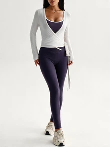 SHEIN Dewbera Women's Wrap Knot Long Sleeve Cropped Top And Leggings Sports Set - Multicolor - View 5