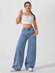 SHEIN ICON 大尺碼女款極簡復古街頭風中藍色水洗牛仔褲 - 藍色 - 查看 6