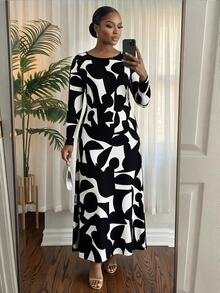 SHEIN Lady CURVE Plus Size Geometric Print Colorblock Long Sleeve Vacation Dress - Black and White - View 3