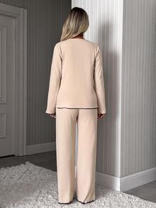 SHEIN Cotton Rib 2pcs Pink Long Sleeve Contrast Lace Sleep Tee + Long Pants Casual Lounge Pajama Set - Beige - View 2