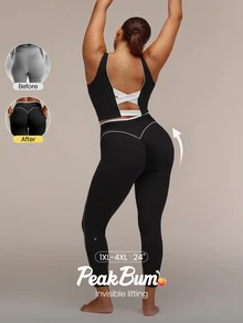 GLOWMODE Plus Size 24" FeatherFit™ All-Day Moves Tie-Waist Leggings With Concealed Booty Lift & No Front Seam Yoga Studio Daily Wear - Black - View 1