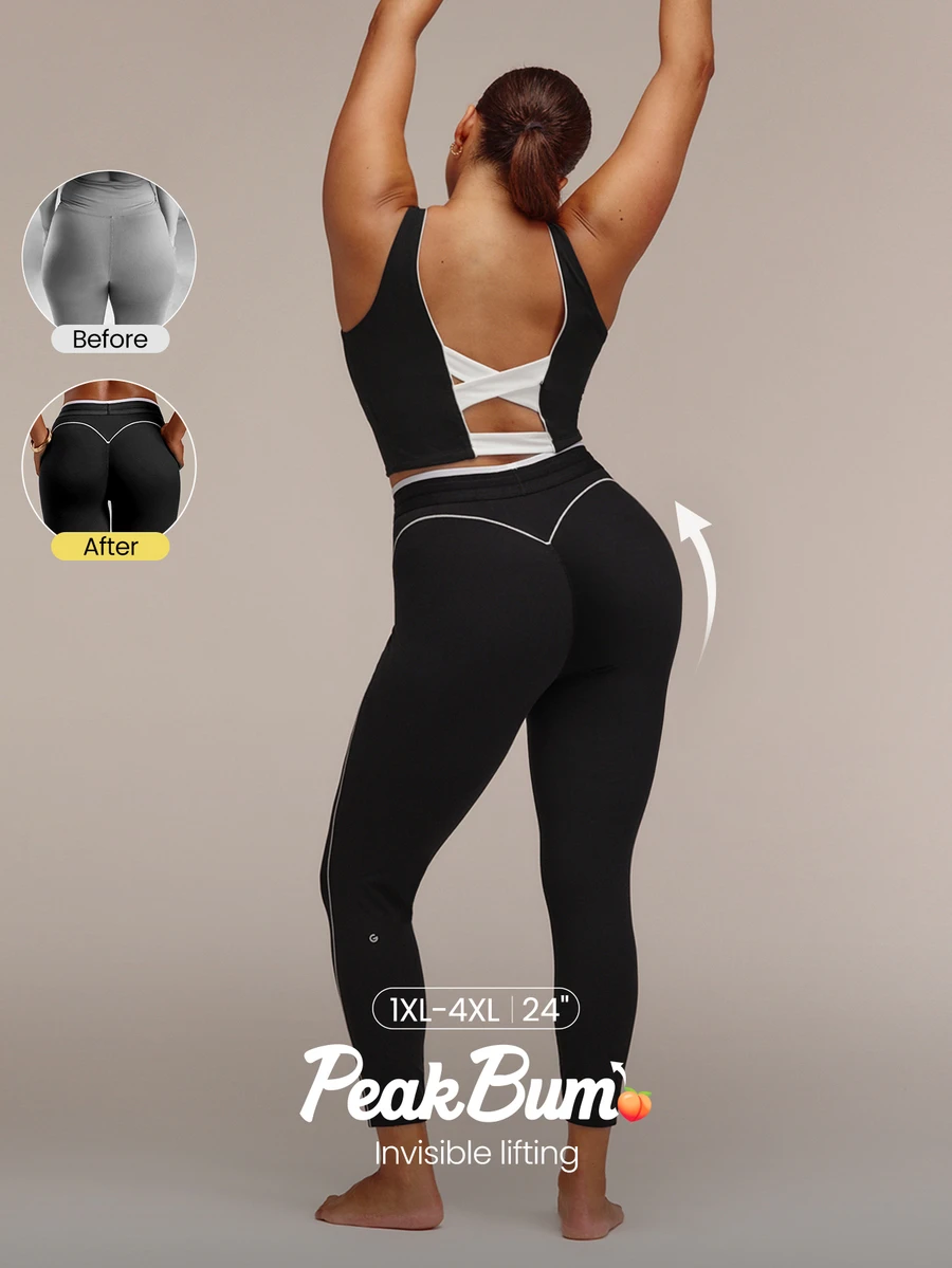 GLOWMODE Plus Size 24" FeatherFit™ All-Day Moves Tie-Waist Leggings With Concealed Booty Lift & No Front Seam Yoga Studio Daily Wear - Black - View 1