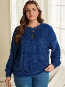 EMERY ROSE Plus Size Women's Solid Color Crew Neck Long Sleeve Casual Sweatshirt - Brown - View 6