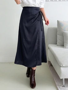DAZY 女款純色側腰結休閒通勤裙 - 藍色 - 查看 3