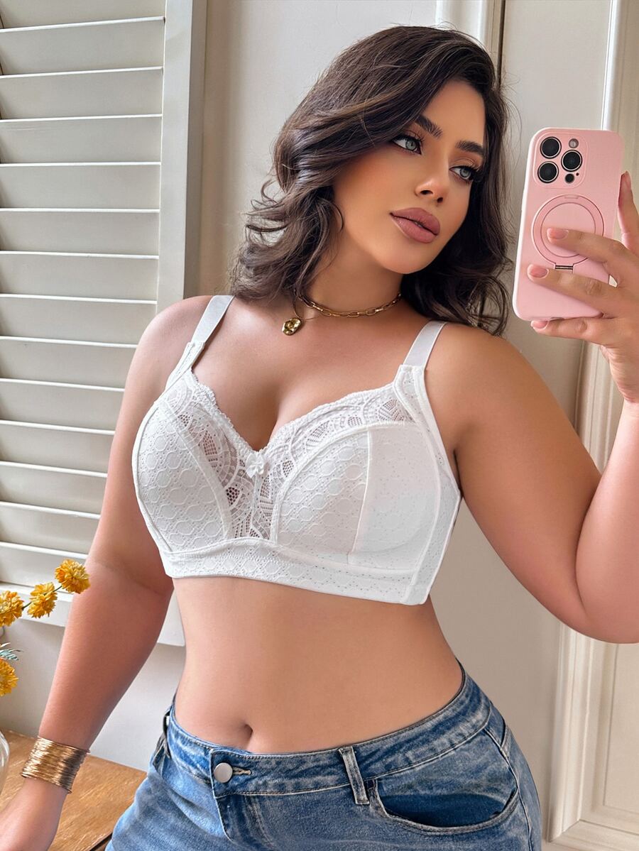 SHEIN 1pc White Lace Plus Size Wireless Bra - White - View 1