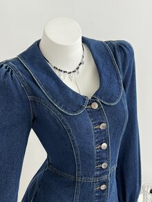 Mori Grove Mori Grove Women's All-Season Peter Pan Collar Long Sleeve Petal Sleeve A-Line Blue Denim Dress - Dark Wash - View 4