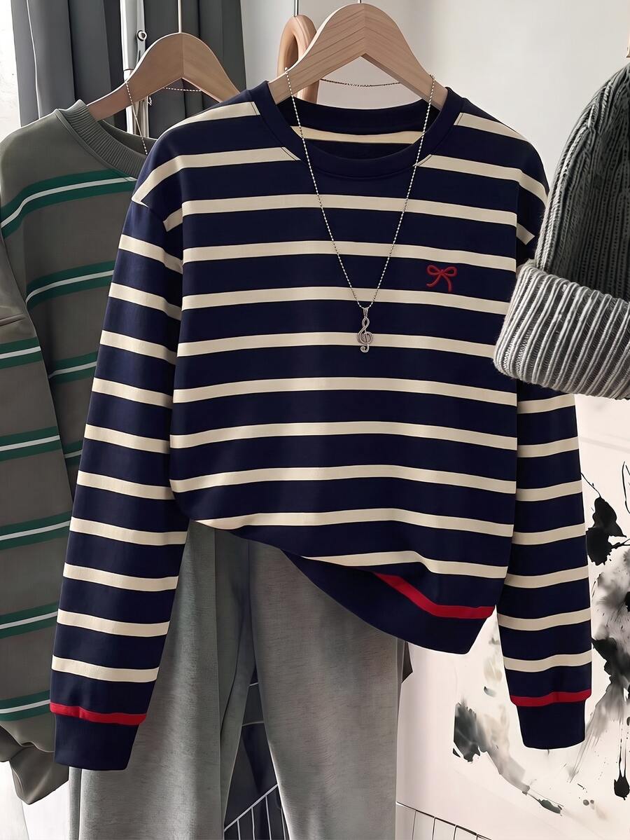 SHEIN LUNE Women's Navy Blue Striped Bowknot Round Neck Colorblock Sweatshirt - White - View 1