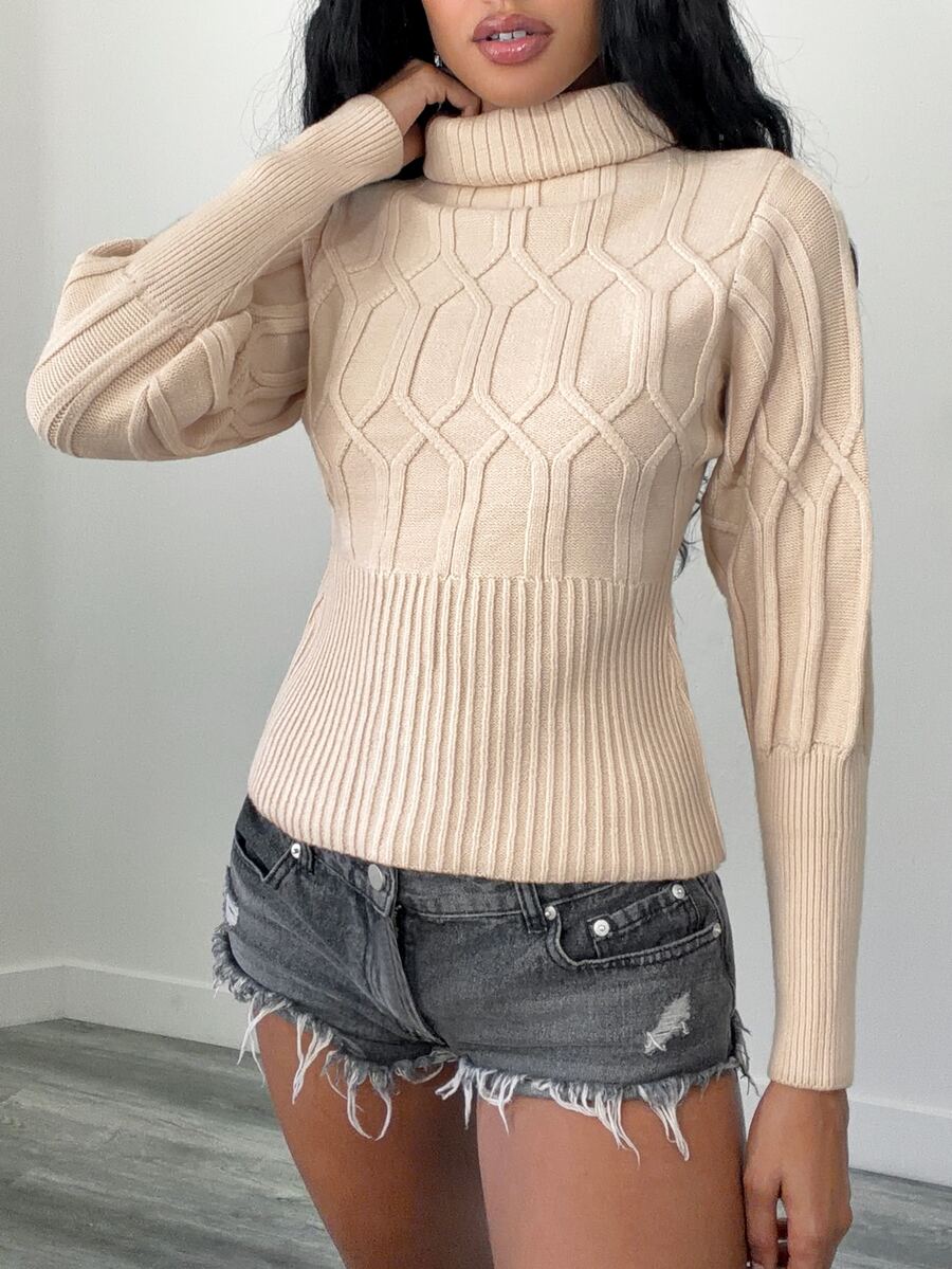Elenzga Sweater Wanita Model Turtleneck Bergaris untuk Pemakaian Sehari-hari - Khaki - View 1
