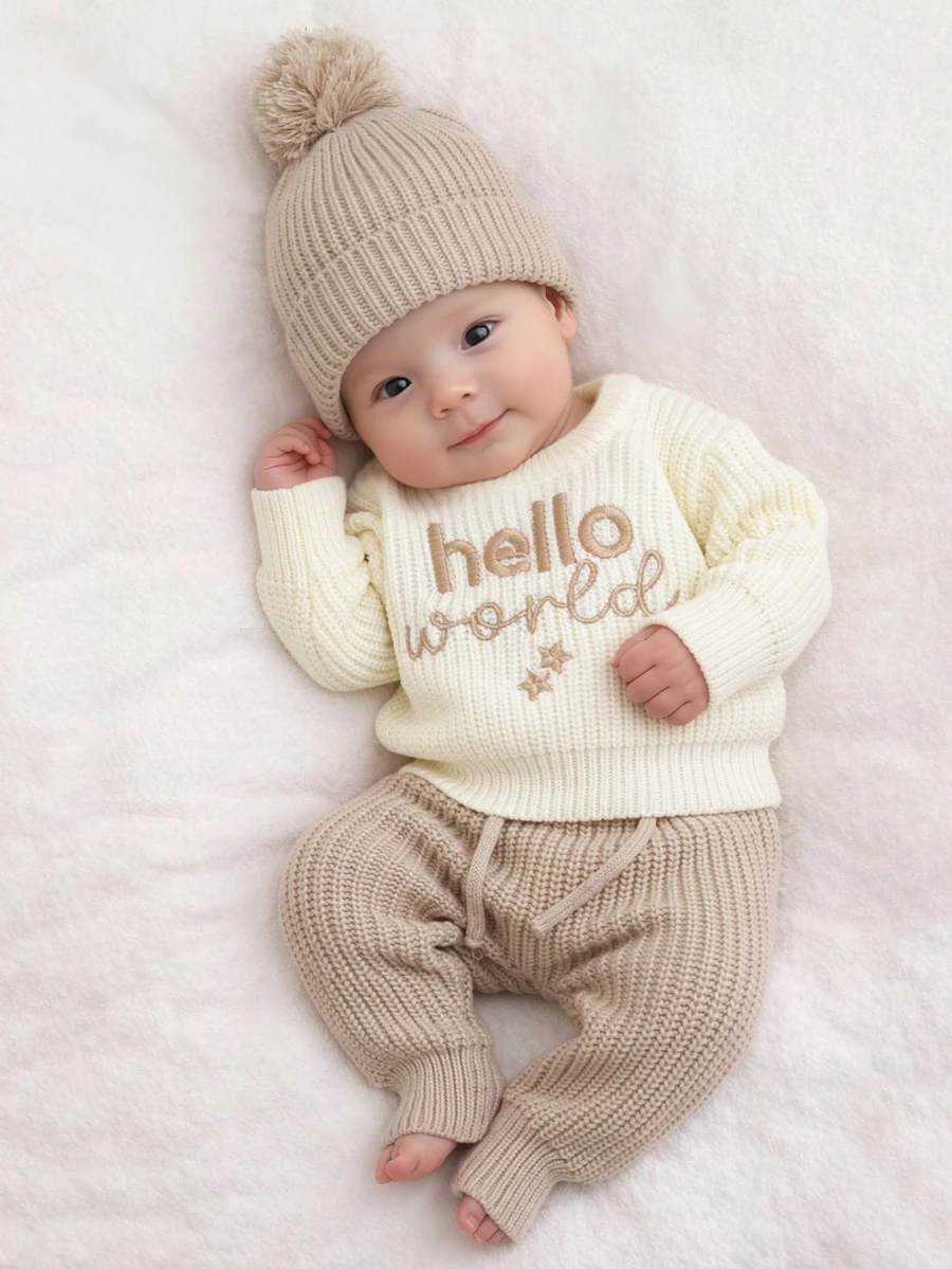 SHEIN 3pcs Newborn Baby Knit Sweater Pants Hat Set Sweet Cream Khaki Hello World Star Embroidery Ribbed Pom Pom Beanie Long Sleeve Photography Fall Jumpers - Khaki - View 1