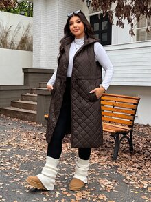SHEIN EZwear 秋冬大尺碼加厚抽繩可調腰鬆款雙穿法長版大衣 - 巧克力棕 - 查看 3