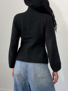 Elenzga Women's Elegant Small Stand Collar Cable Knit Ruffle Hem Cardigan Sweater - Black - View 2