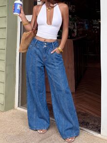 Sunnyshic Celana Jeans Wanita Model Lebar, Longgar, Kasual, dengan Kancing Depan dan Saku - Biru - View 4