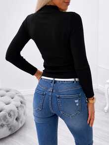 Zayélia Women's Mesh Patchwork Rhinestone Embellished Slim Fit Versatile Casual T-Shirt - Black - View 2