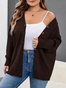 SHEIN CURVE+ 大尺碼女款純色長袖單排扣休閒針織開襟衫 - 咖啡棕 - 查看 5