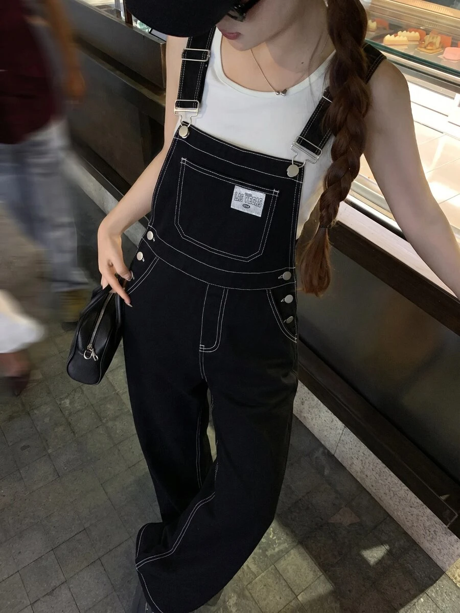 SHEIN 青少年女孩黑色丹寧寬鬆拼接工裝褲 - 黑色 - 查看 1