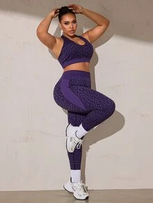 Rhythm Era Women's Plus Size Leopard Print Halter Tank Top And Leggings Sports Kawaii Set Gym Purple Summer - Purple - View 4