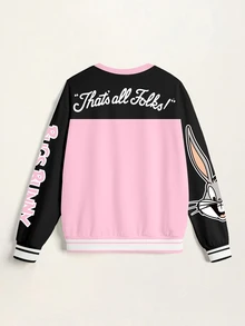 LOONEY TUNES X SHEIN 大尺碼女款字母卡通印花圓領長袖休閒運動衫 - 白色 - 查看 4