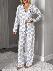 SHEIN Women's Paisley Print Pajama Set With Long Sleeve Button Front Shirt And Relaxed Fit Full Length Pants Pajama Set - White - View 4