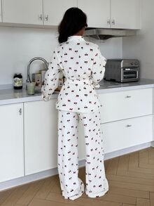 ZzzCrew Women's Cherry Bow Print Open Front Adjustable Waist Soft Flannel Pajama Set, Comfortable Skin-Friendly Medium-Thick Cute Casual Loungewear For Home And Outdoor Wear, Autumn/Winter - Red and White - View 3