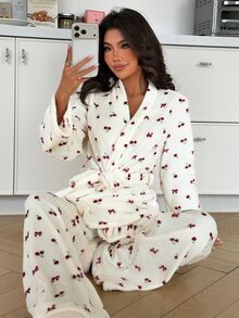 ZzzCrew Women's Cherry Bow Print Open Front Adjustable Waist Soft Flannel Pajama Set, Comfortable Skin-Friendly Medium-Thick Cute Casual Loungewear For Home And Outdoor Wear, Autumn/Winter - Red and White - View 4