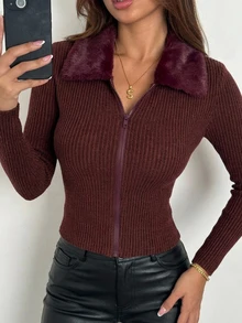 DAZY Fall/ Plush Collar Cardigan Long Sleeve Ribbed Knit Slim Fit Casual Night Out Date Night Date Commute Burgundy Streetwear Sexy Women's T-Shirt - Brown - View 6