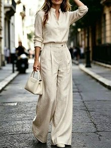 Trelyra Women's Solid Color Notch V-Neck Long Sleeve Shirt And Pants Casual 2 Pieces Set - Khaki - View 3