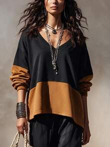 Chiquease Women's Fashion Casual Colorblock Long Sleeve Sweatshirt - Black - View 3