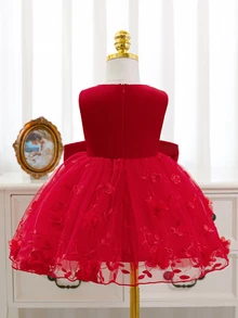 SHEIN 女嬰公主洋裝，紅色3D刺繡網紗洋裝，大蝴蝶結，生日派對、婚禮節日洋裝，無袖，聖誕節 - 紅色 - 查看 2