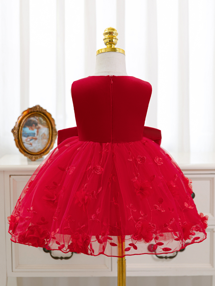 SHEIN Baby Girl Princess Dress, Red 3D Embroidered Mesh Dress, Big Bow, Birthday Party, Wedding Holiday Dress, Sleeveless, Christmas - Red - View 2