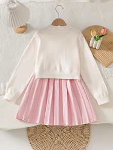 SHEIN 女童冬季可愛3D蝴蝶結針織毛衣與百褶裙兩件套，柔軟舒適面料，保暖親膚，甜美優雅，適合上學、日常穿著、旅行與派對，高品質精緻面料，百搭實用 - 白色 - 查看 2