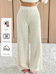 SHEIN EZwear Women's Casual Solid Color Knitted Pants, Autumn/Winter - White - View 1